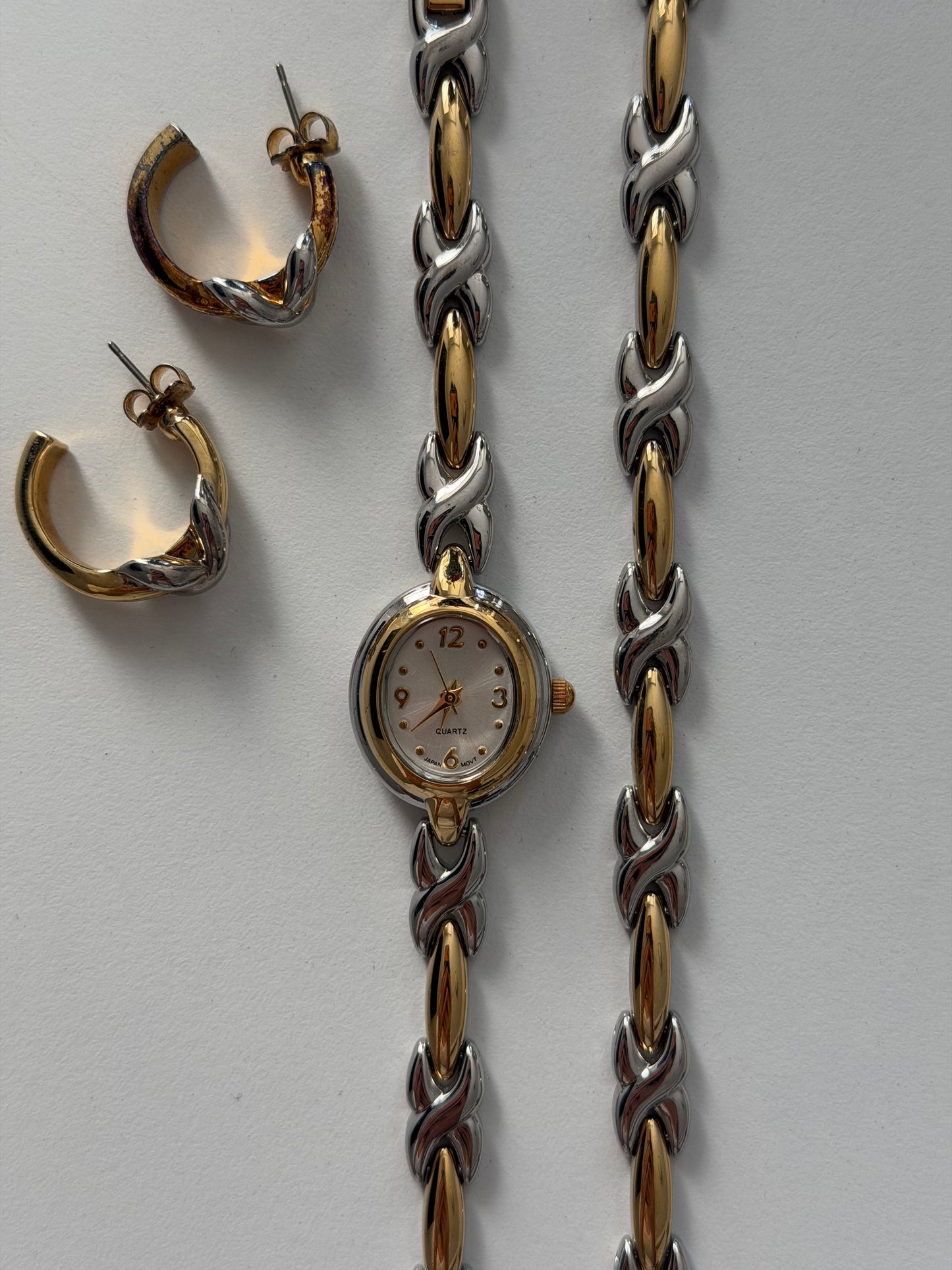 RARE Two Toned Watch, Bracelet, and Earrings Set