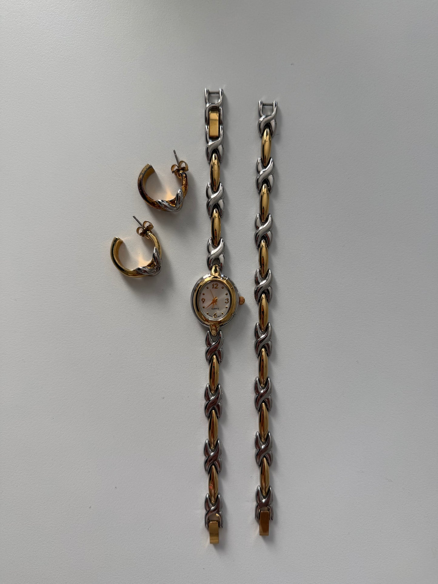 RARE Two Toned Watch, Bracelet, and Earrings Set