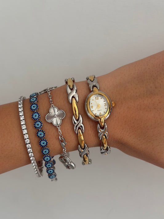 RARE Two Toned Watch, Bracelet, and Earrings Set