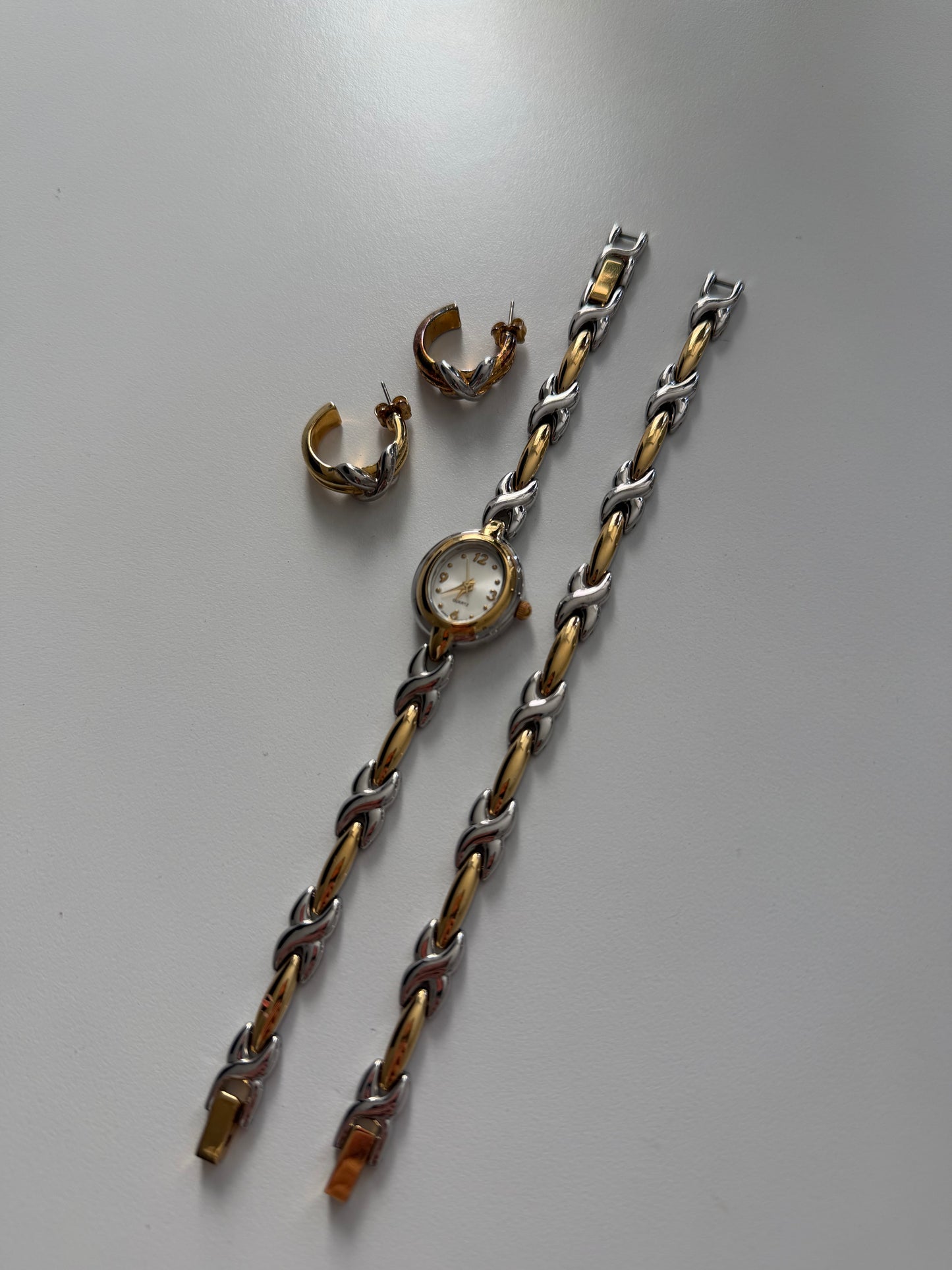 RARE Two Toned Watch, Bracelet, and Earrings Set